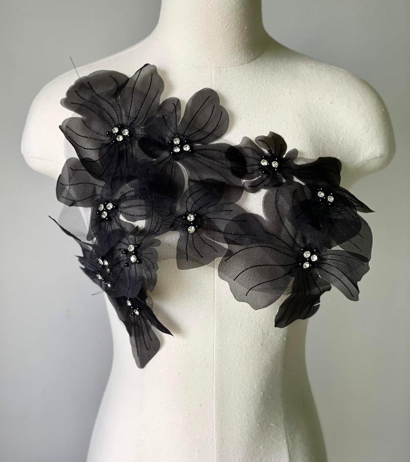 JRYYR Flower Lace Appliques, 3D Embroidery Patches for Dresses, Flower Appliques for Clothing, Bags, Jewelry DIY Crafts (Black-2) - Image 2